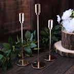 Set of 3 Taper Candle Stands Gold Metal Decorative Round Base Design - Wedding Table Accents 9", 10", 13" - Bell Racket Store