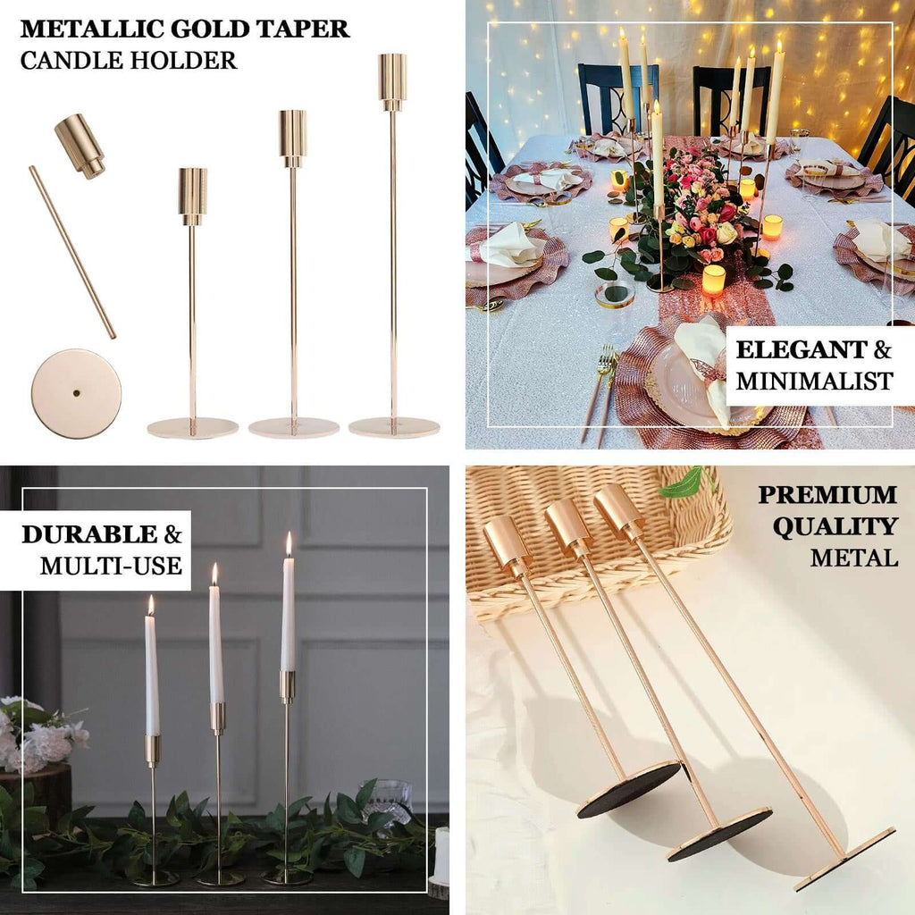 Set of 3 Taper Candle Stands Gold Metal Decorative Round Base Design - Wedding Table Accents 9", 10", 13" - Bell Racket Store