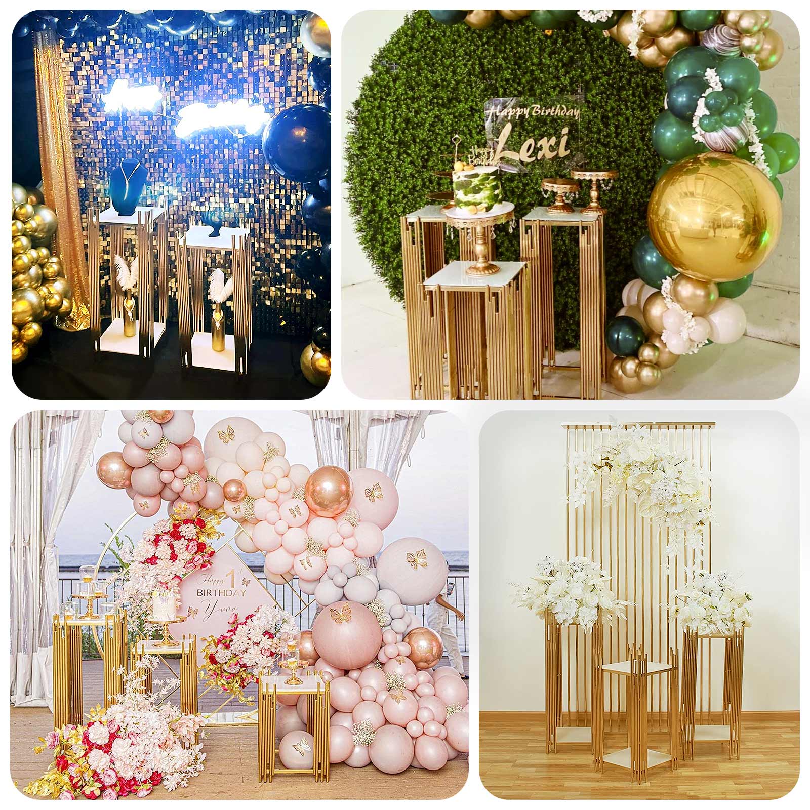 Set of 3 Wedding Pedestal Stands Square Acrylic Plate Design Gold - Metal Flower Display Plinths 26",30",34" - Bell Racket Store