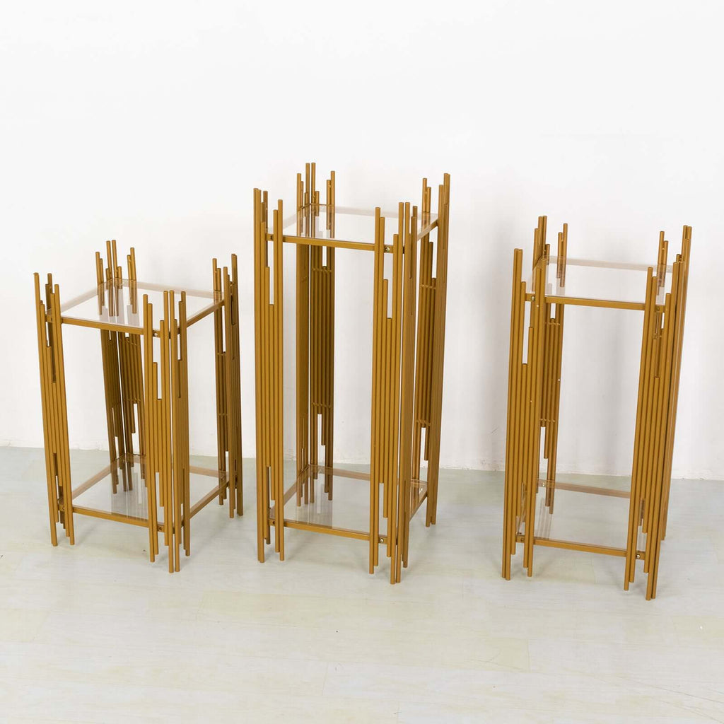 Set of 3 Wedding Pedestal Stands Square Acrylic Plate Design Gold - Metal Flower Display Plinths 26",30",34" - Bell Racket Store