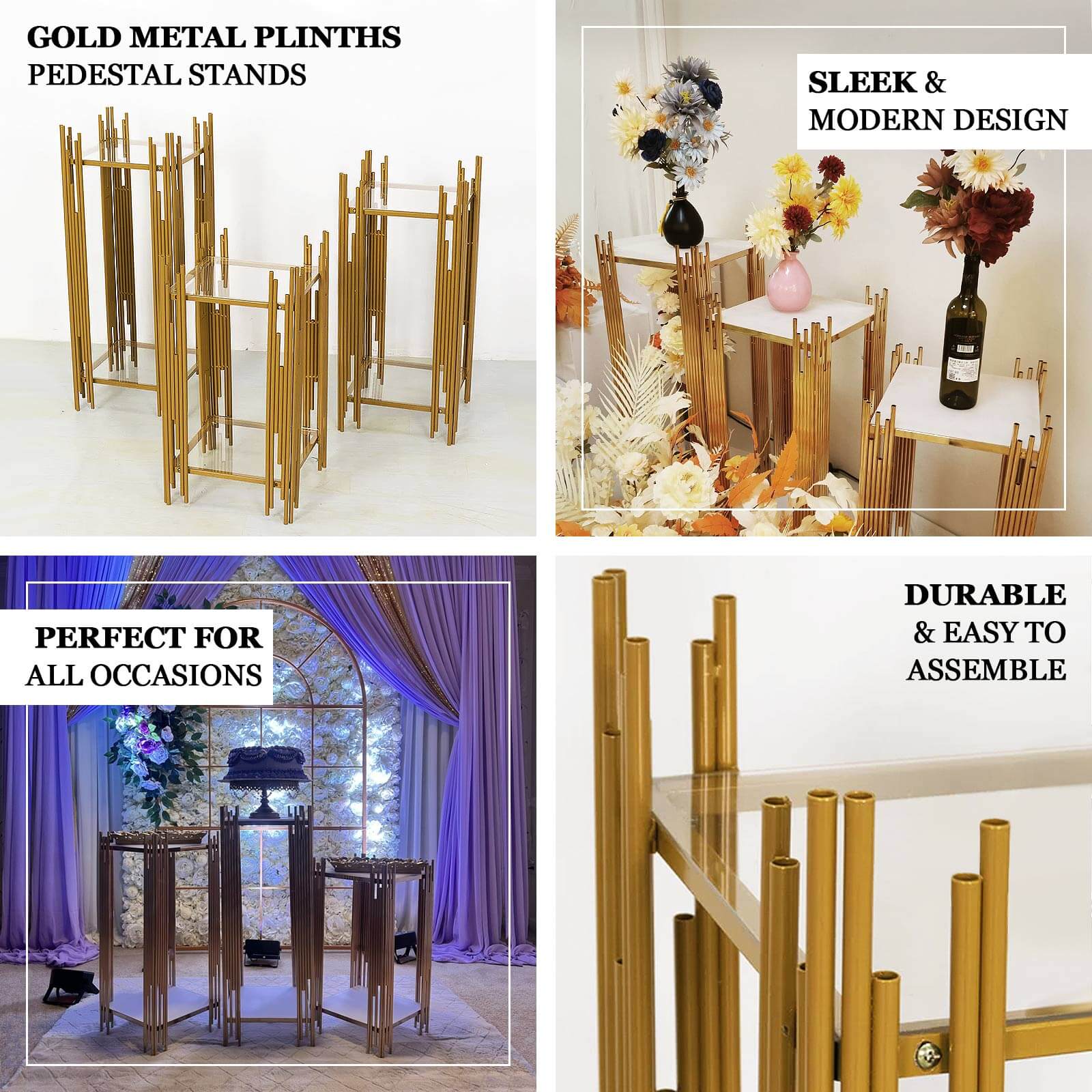 Set of 3 Wedding Pedestal Stands Square Acrylic Plate Design Gold - Metal Flower Display Plinths 26",30",34" - Bell Racket Store