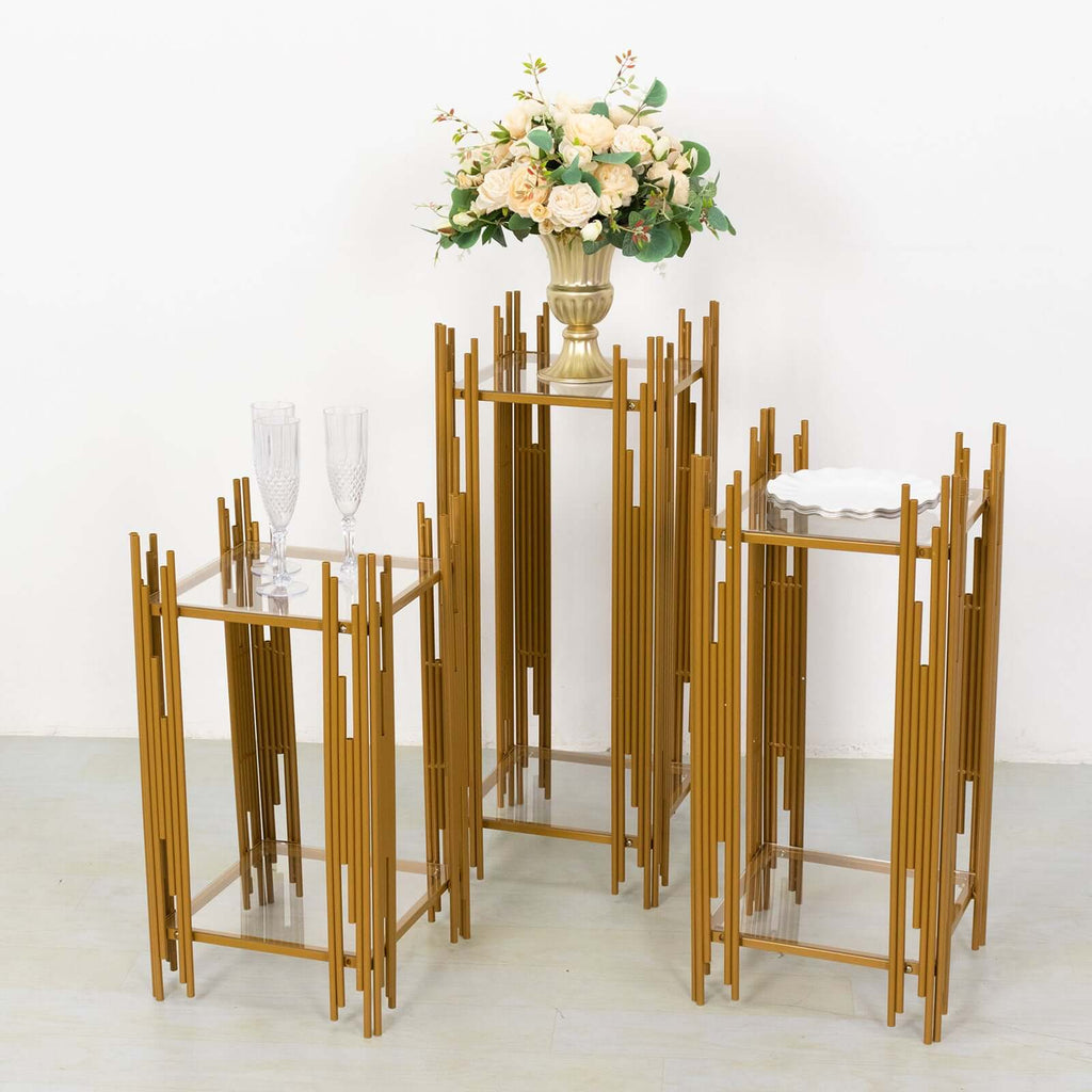 Set of 3 Wedding Pedestal Stands Square Acrylic Plate Design Gold - Metal Flower Display Plinths 26",30",34" - Bell Racket Store