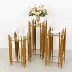 Set of 3 Wedding Pedestal Stands Square Acrylic Plate Design Gold - Metal Flower Display Plinths 26",30",34" - Bell Racket Store