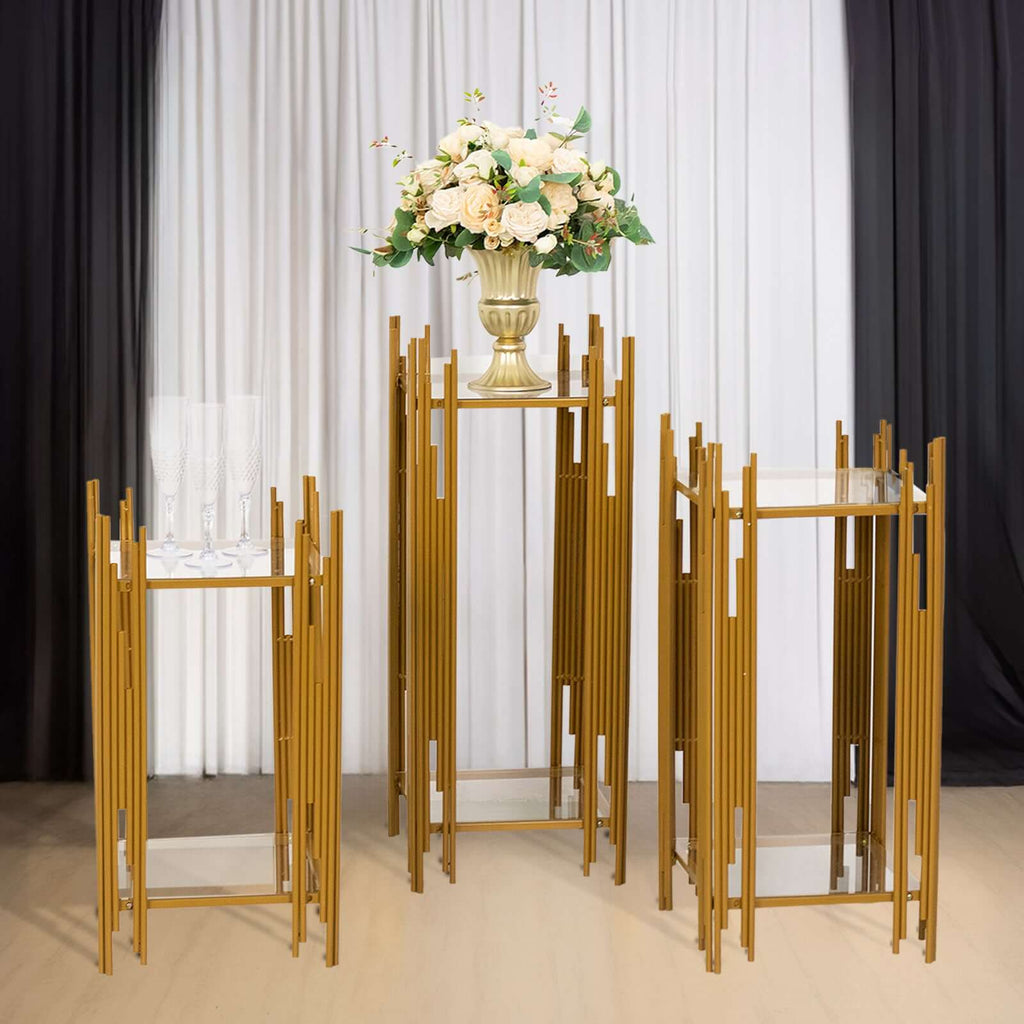 Set of 3 Wedding Pedestal Stands Square Acrylic Plate Design Gold - Metal Flower Display Plinths 26",30",34" - Bell Racket Store
