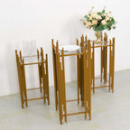 Set of 3 Wedding Pedestal Stands Square Acrylic Plate Design Gold - Metal Flower Display Plinths 26",30",34" - Bell Racket Store