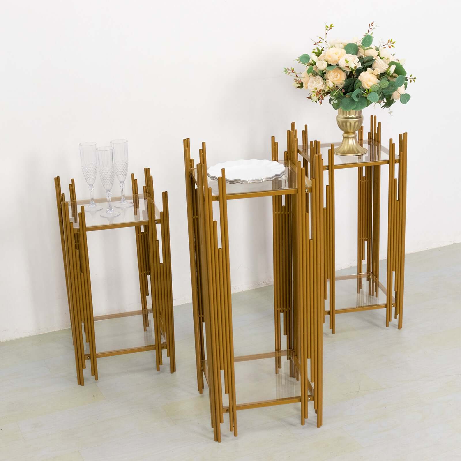Set of 3 Wedding Pedestal Stands Square Acrylic Plate Design Gold - Metal Flower Display Plinths 26",30",34" - Bell Racket Store