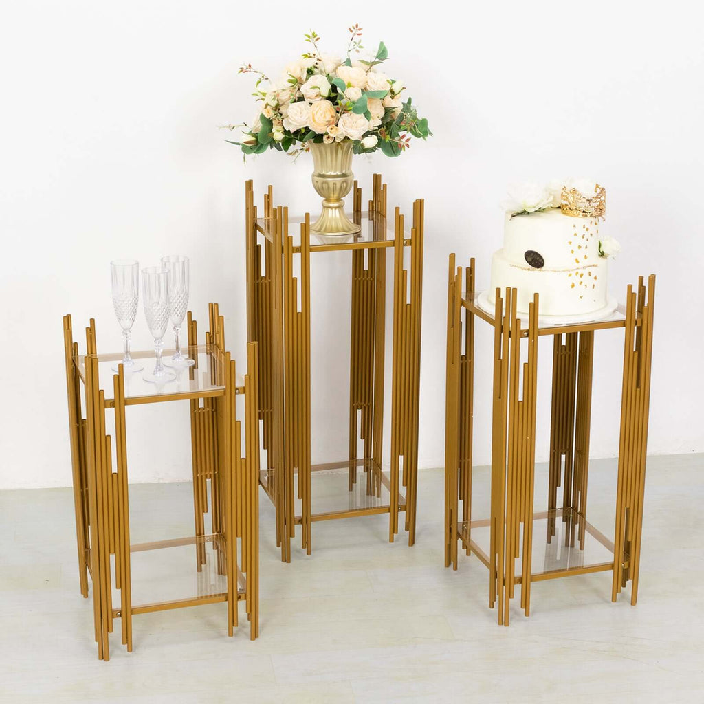 Set of 3 Wedding Pedestal Stands Square Acrylic Plate Design Gold - Metal Flower Display Plinths 26",30",34" - Bell Racket Store
