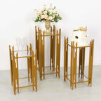 Set of 3 Wedding Pedestal Stands Square Acrylic Plate Design Gold - Metal Flower Display Plinths 26",30",34" - Bell Racket Store