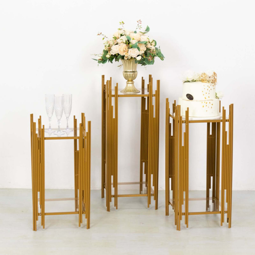 Set of 3 Wedding Pedestal Stands Square Acrylic Plate Design Gold - Metal Flower Display Plinths 26",30",34" - Bell Racket Store