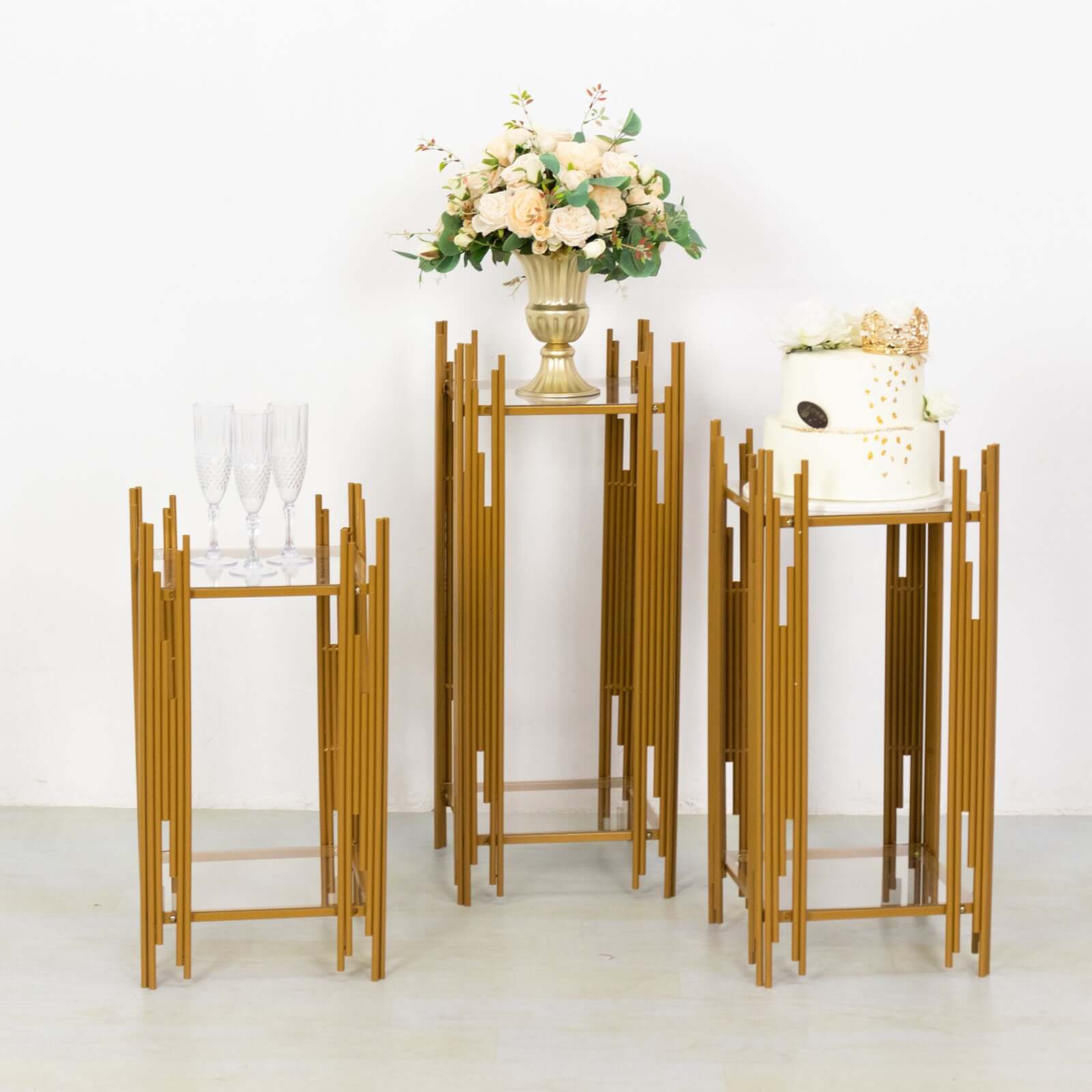 Set of 3 Wedding Pedestal Stands Square Acrylic Plate Design Gold - Metal Flower Display Plinths 26",30",34" - Bell Racket Store