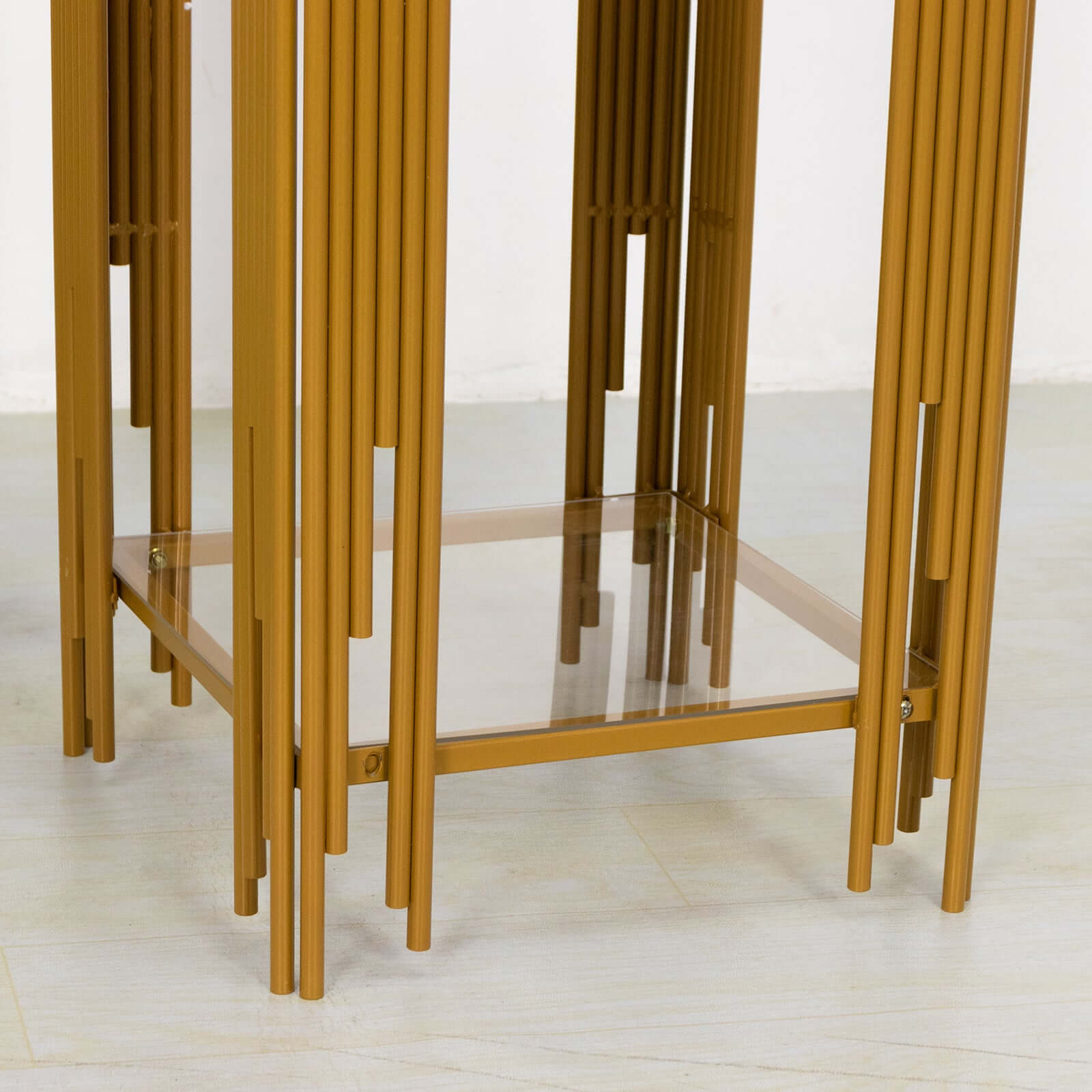 Set of 3 Wedding Pedestal Stands Square Acrylic Plate Design Gold - Metal Flower Display Plinths 26",30",34" - Bell Racket Store