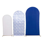 Set of 3 White Blue Round Top Fitted Wedding Arch Frame Covers, French Toile Pattern and Matte Spandex Backdrop Stand Covers - Bell Racket Store