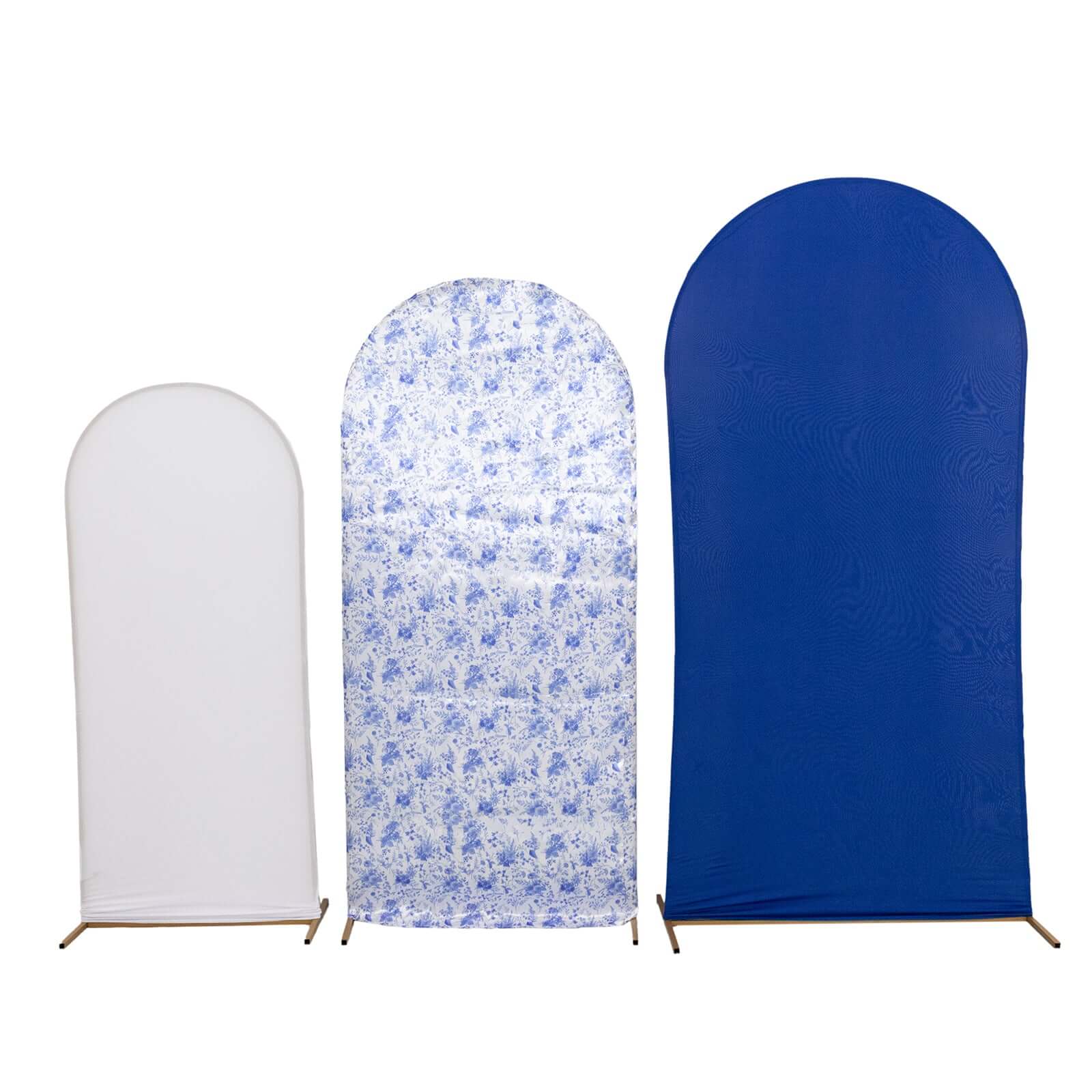 Set of 3 White Blue Round Top Fitted Wedding Arch Frame Covers, French Toile Pattern and Matte Spandex Backdrop Stand Covers - Bell Racket Store