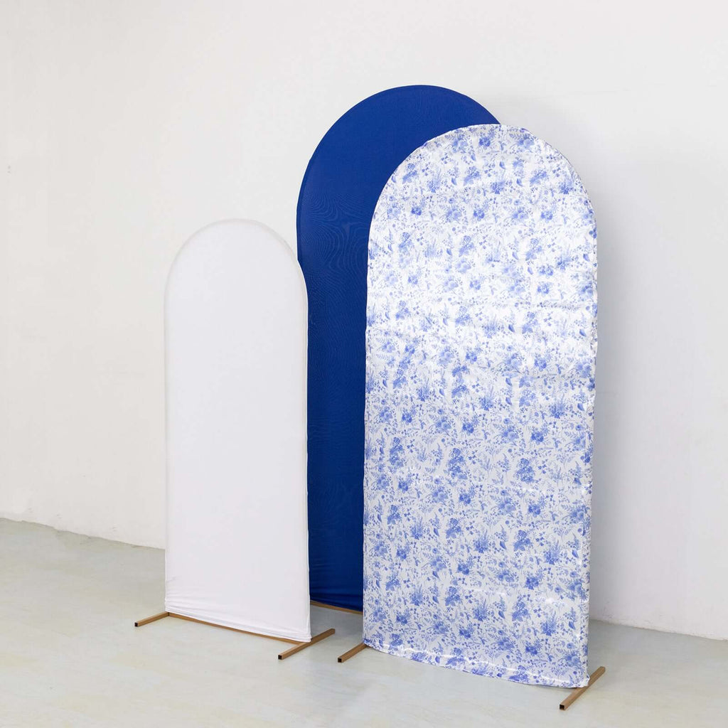 Set of 3 White Blue Round Top Fitted Wedding Arch Frame Covers, French Toile Pattern and Matte Spandex Backdrop Stand Covers - Bell Racket Store