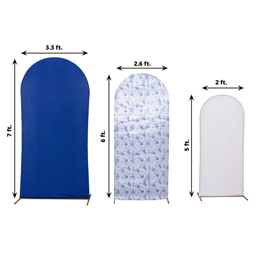 Set of 3 White Blue Round Top Fitted Wedding Arch Frame Covers, French Toile Pattern and Matte Spandex Backdrop Stand Covers - Bell Racket Store