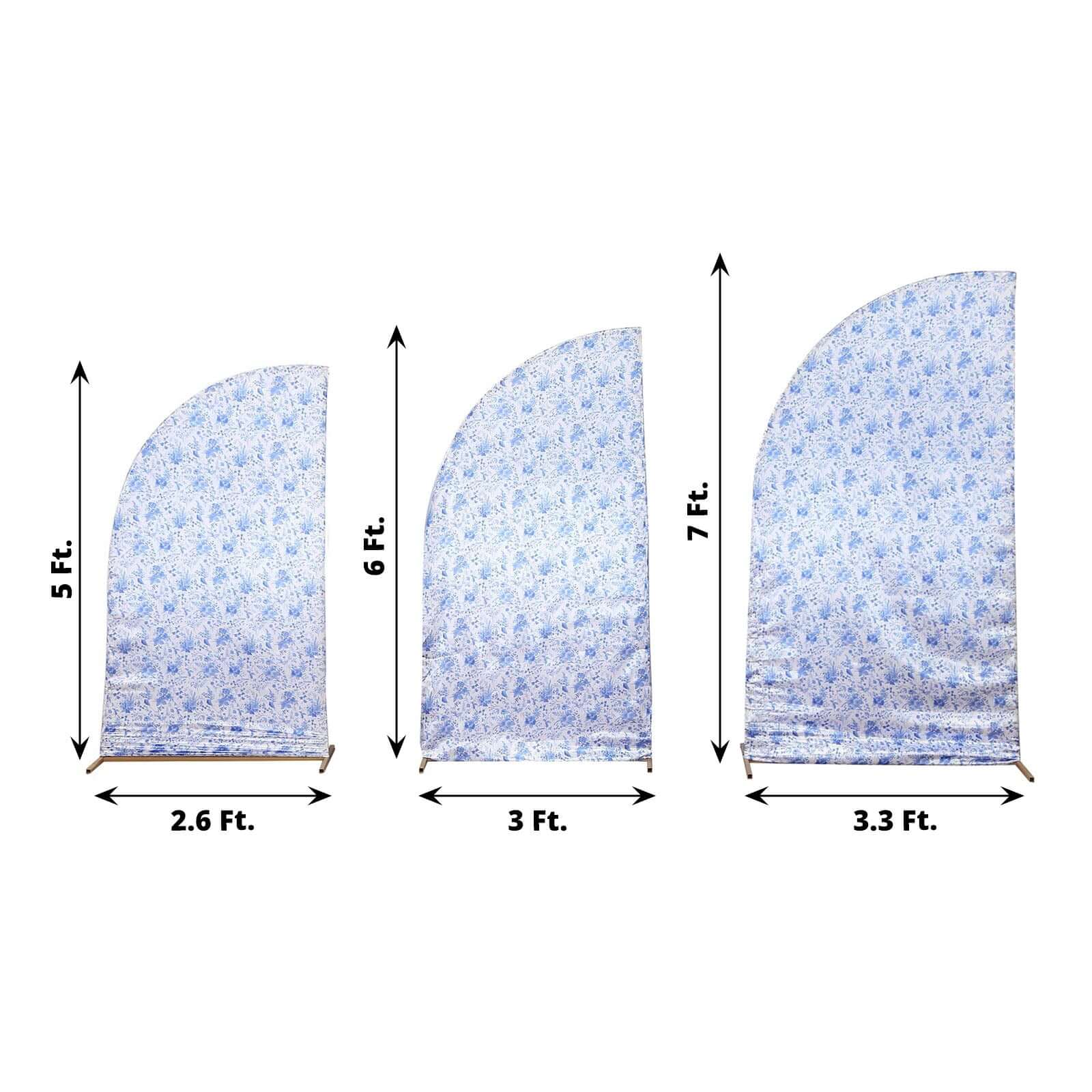 Set of 3 White Blue Satin Chiara Wedding Arch Covers in French Toile Floral Pattern, Fitted Covers For Half Moon Backdrop Stands - 5ft, 6ft, 7ft - Bell Racket Store