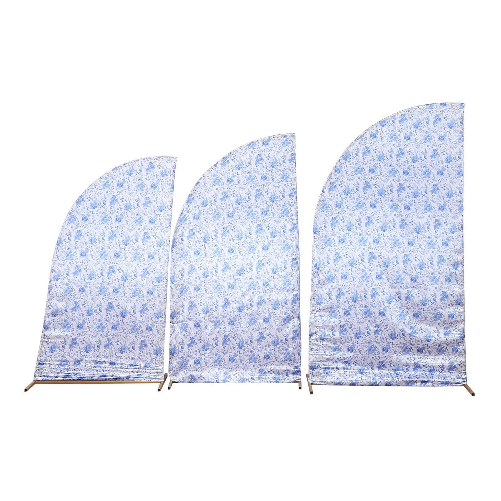 Set of 3 White Blue Satin Chiara Wedding Arch Covers in French Toile Floral Pattern, Fitted Covers For Half Moon Backdrop Stands - 5ft, 6ft, 7ft - Bell Racket Store