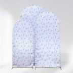 Set of 3 White Blue Satin Chiara Wedding Arch Covers in French Toile Floral Pattern, Fitted Covers For Round Top Backdrop Stands - 5ft,6ft,7ft - Bell Racket Store