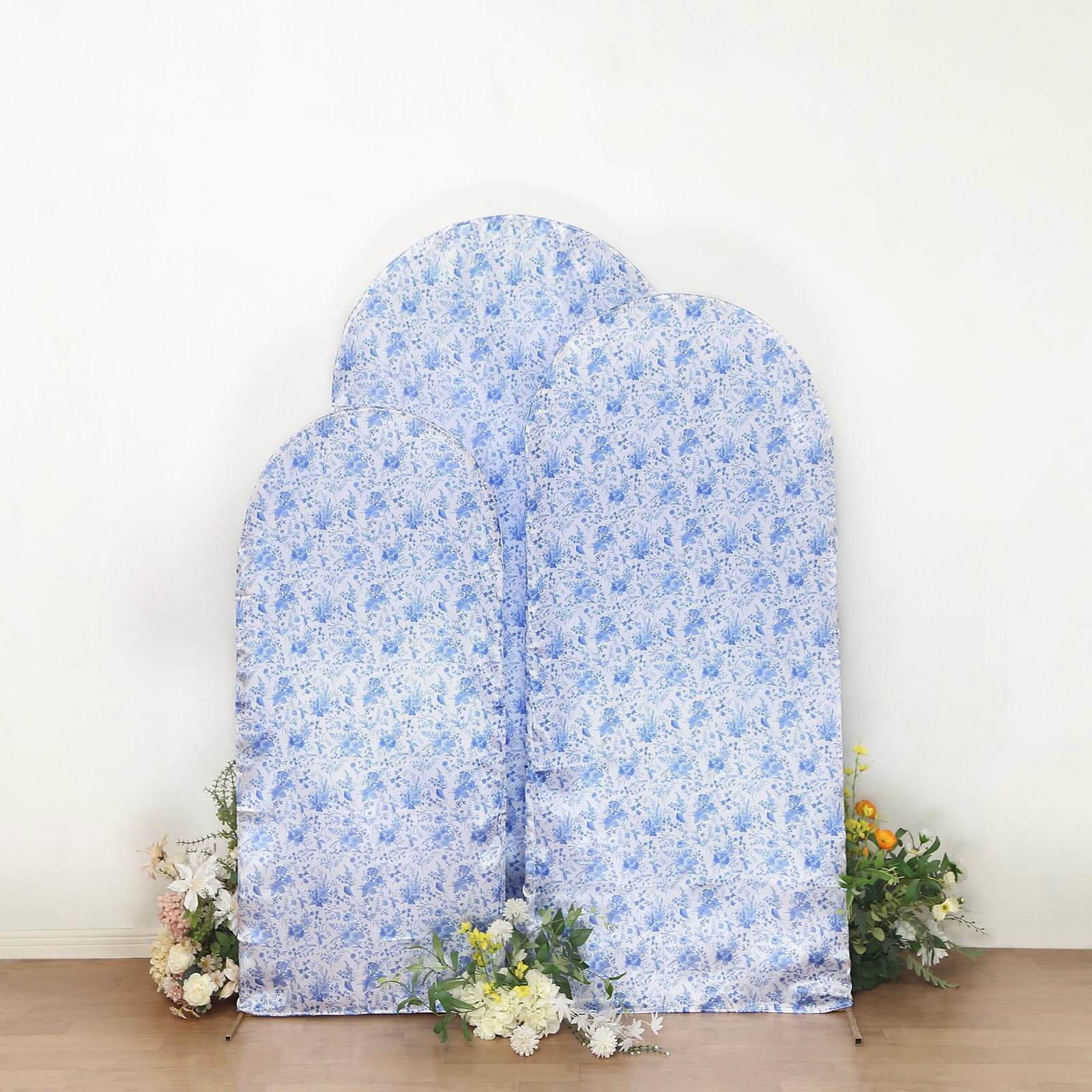Set of 3 White Blue Satin Chiara Wedding Arch Covers in French Toile Floral Pattern, Fitted Covers For Round Top Backdrop Stands - 5ft,6ft,7ft - Bell Racket Store
