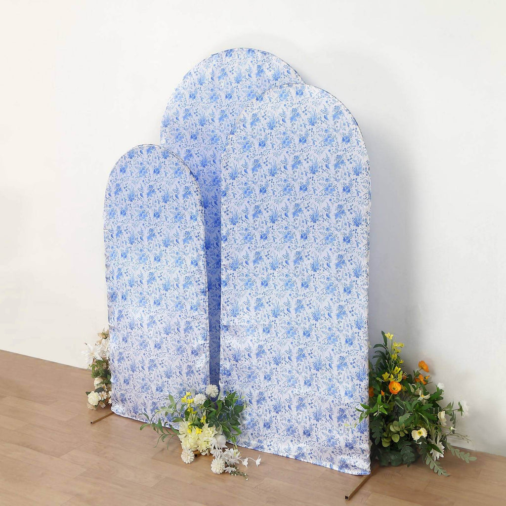 Set of 3 White Blue Satin Chiara Wedding Arch Covers in French Toile Floral Pattern, Fitted Covers For Round Top Backdrop Stands - 5ft,6ft,7ft - Bell Racket Store