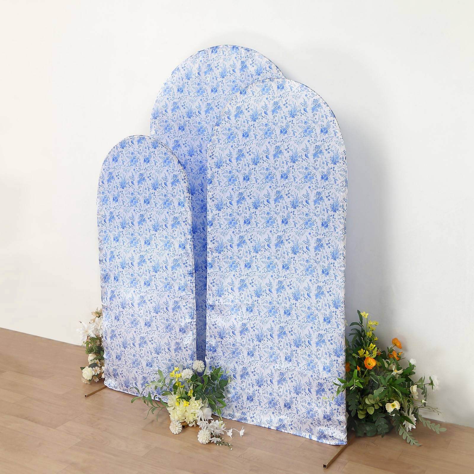 Set of 3 White Blue Satin Chiara Wedding Arch Covers in French Toile Floral Pattern, Fitted Covers For Round Top Backdrop Stands - 5ft,6ft,7ft - Bell Racket Store