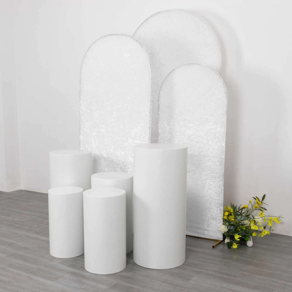 Set of 3 White Crushed Velvet Chiara Backdrop Stand Covers For Round Top Wedding Arches - 5ft, 6ft, 7ft - Bell Racket Store