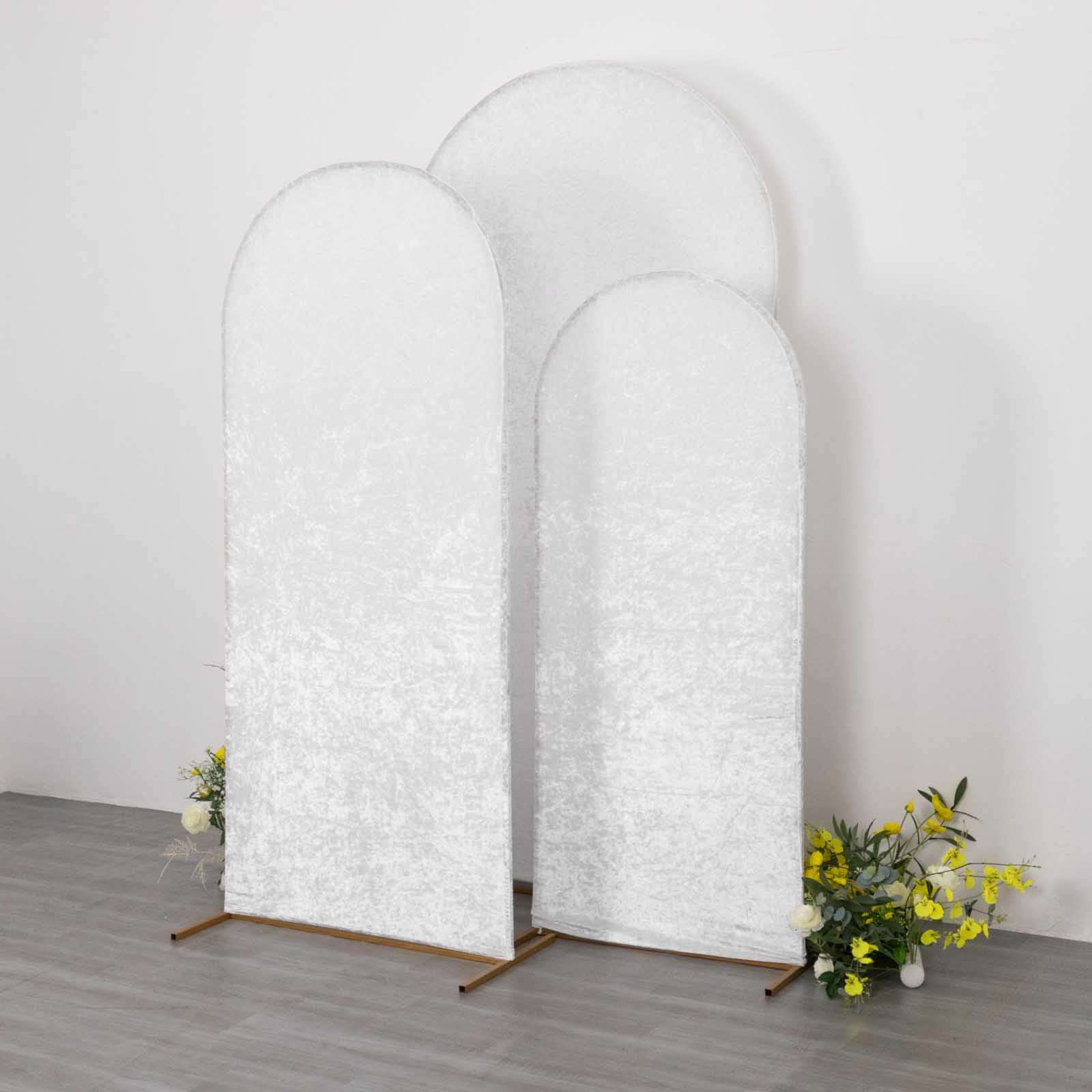 Set of 3 White Crushed Velvet Chiara Backdrop Stand Covers For Round Top Wedding Arches - 5ft, 6ft, 7ft - Bell Racket Store