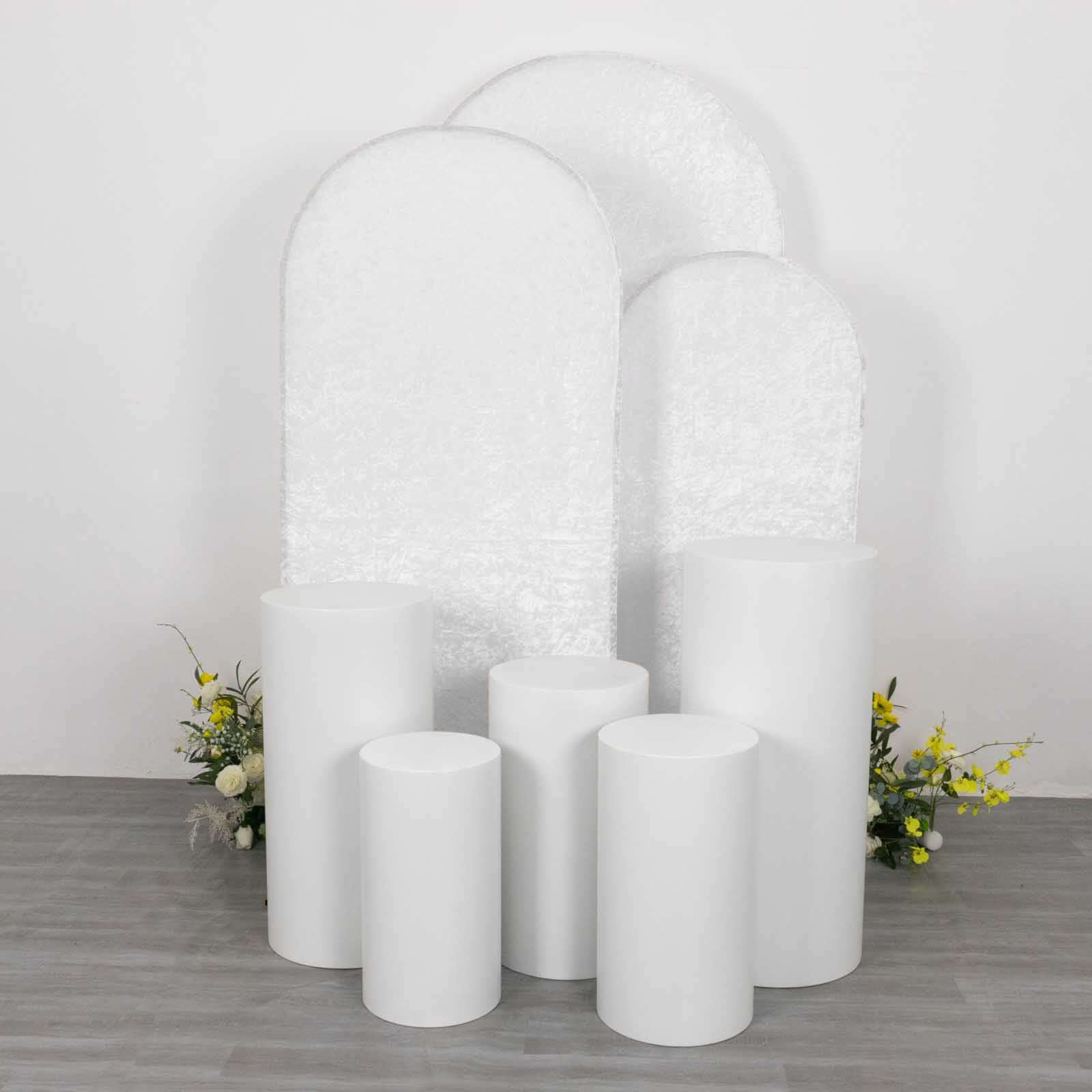 Set of 3 White Crushed Velvet Chiara Backdrop Stand Covers For Round Top Wedding Arches - 5ft, 6ft, 7ft - Bell Racket Store
