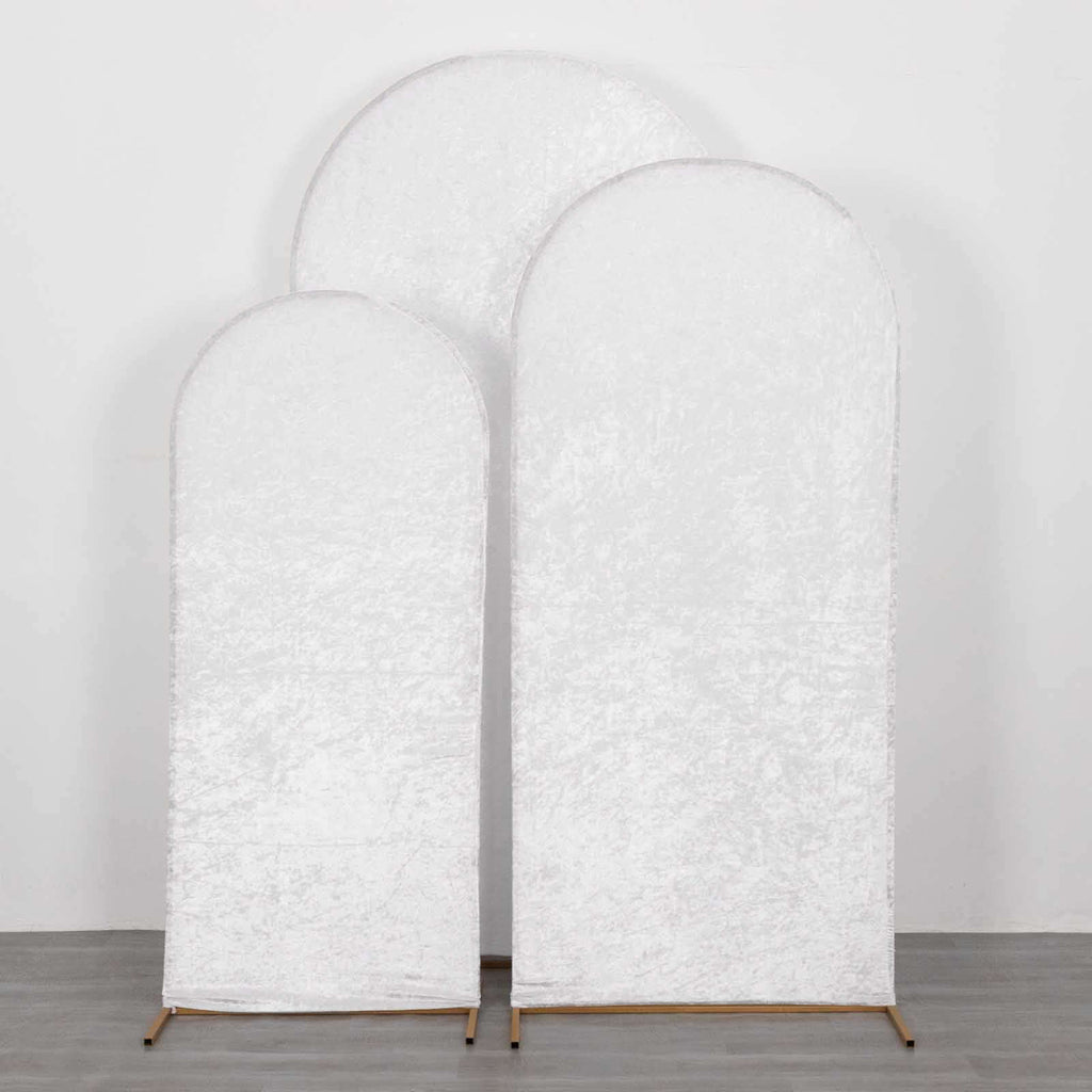 Set of 3 White Crushed Velvet Chiara Backdrop Stand Covers For Round Top Wedding Arches - 5ft, 6ft, 7ft - Bell Racket Store