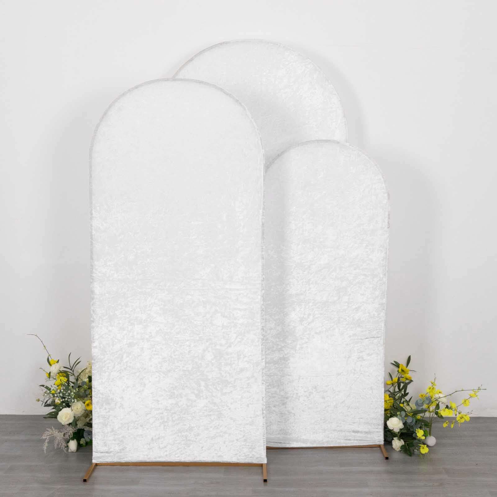Set of 3 White Crushed Velvet Chiara Backdrop Stand Covers For Round Top Wedding Arches - 5ft, 6ft, 7ft - Bell Racket Store
