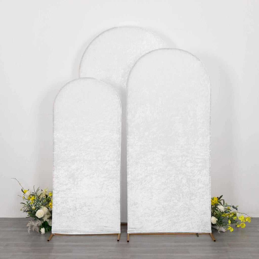 Set of 3 White Crushed Velvet Chiara Backdrop Stand Covers For Round Top Wedding Arches - 5ft, 6ft, 7ft - Bell Racket Store