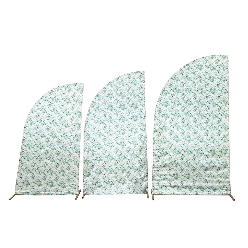 Set of 3 White Green Satin Chiara Wedding Arch Covers With Eucalyptus Leaves Print, Fitted Covers For Half Moon Backdrop Stands - 5ft, 6ft, 7ft - Bell Racket Store