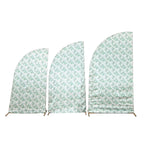 Set of 3 White Green Satin Chiara Wedding Arch Covers With Eucalyptus Leaves Print, Fitted Covers For Half Moon Backdrop Stands - 5ft, 6ft, 7ft - Bell Racket Store