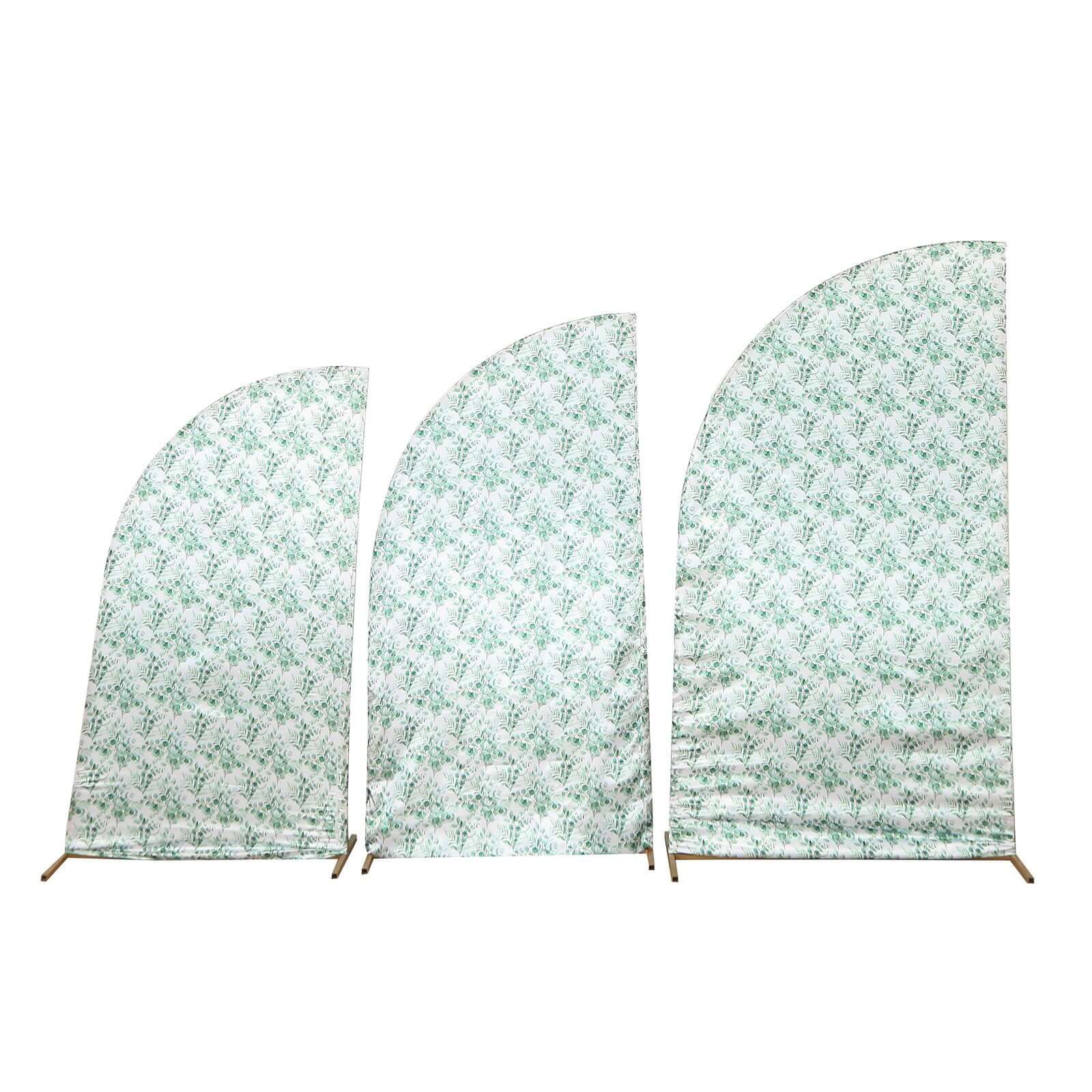 Set of 3 White Green Satin Chiara Wedding Arch Covers With Eucalyptus Leaves Print, Fitted Covers For Half Moon Backdrop Stands - 5ft, 6ft, 7ft - Bell Racket Store