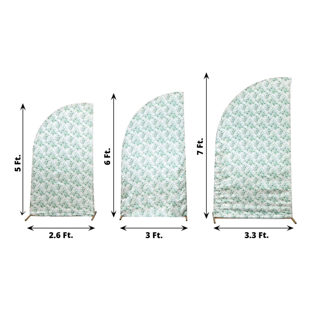 Set of 3 White Green Satin Chiara Wedding Arch Covers With Eucalyptus Leaves Print, Fitted Covers For Half Moon Backdrop Stands - 5ft, 6ft, 7ft - Bell Racket Store