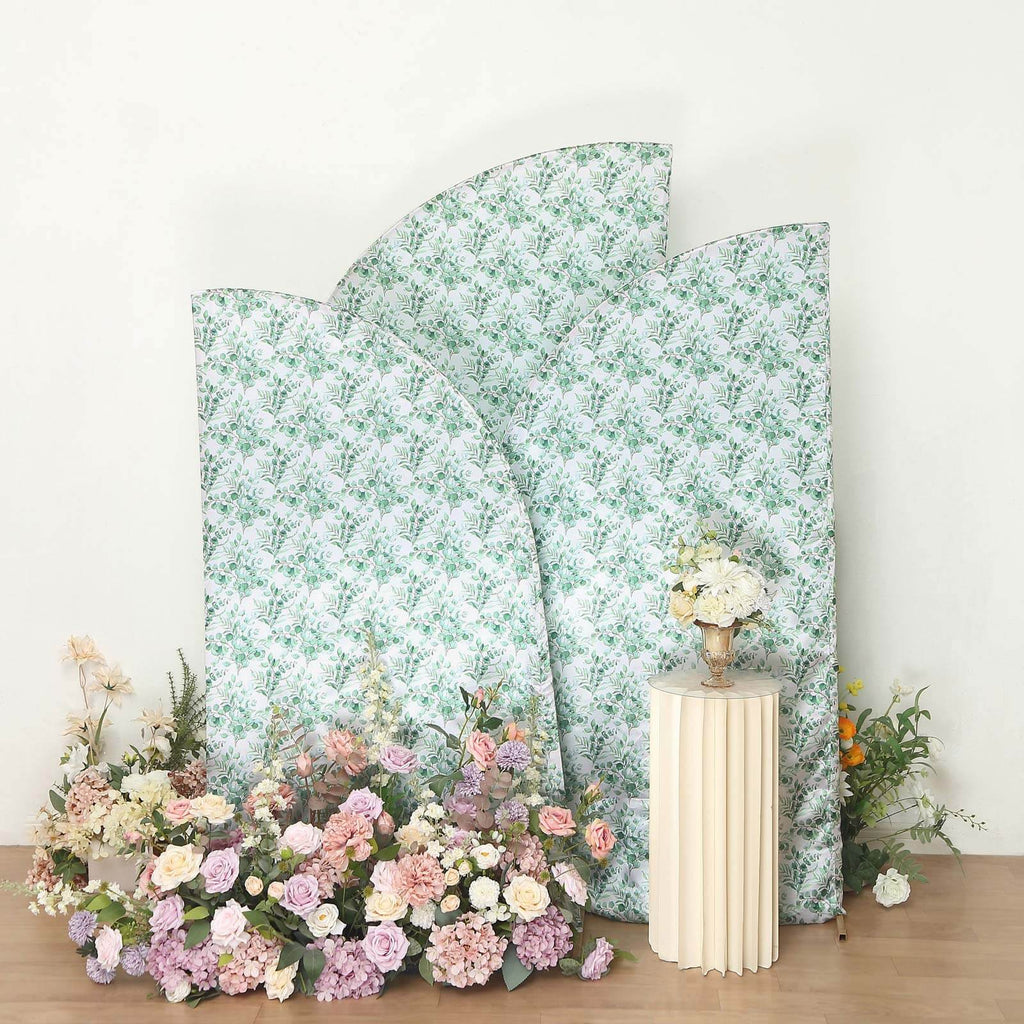 Set of 3 White Green Satin Chiara Wedding Arch Covers With Eucalyptus Leaves Print, Fitted Covers For Half Moon Backdrop Stands - 5ft, 6ft, 7ft - Bell Racket Store