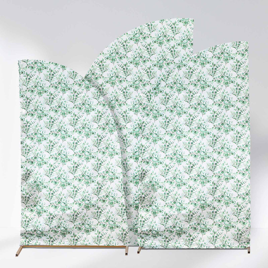 Set of 3 White Green Satin Chiara Wedding Arch Covers With Eucalyptus Leaves Print, Fitted Covers For Half Moon Backdrop Stands - 5ft, 6ft, 7ft - Bell Racket Store