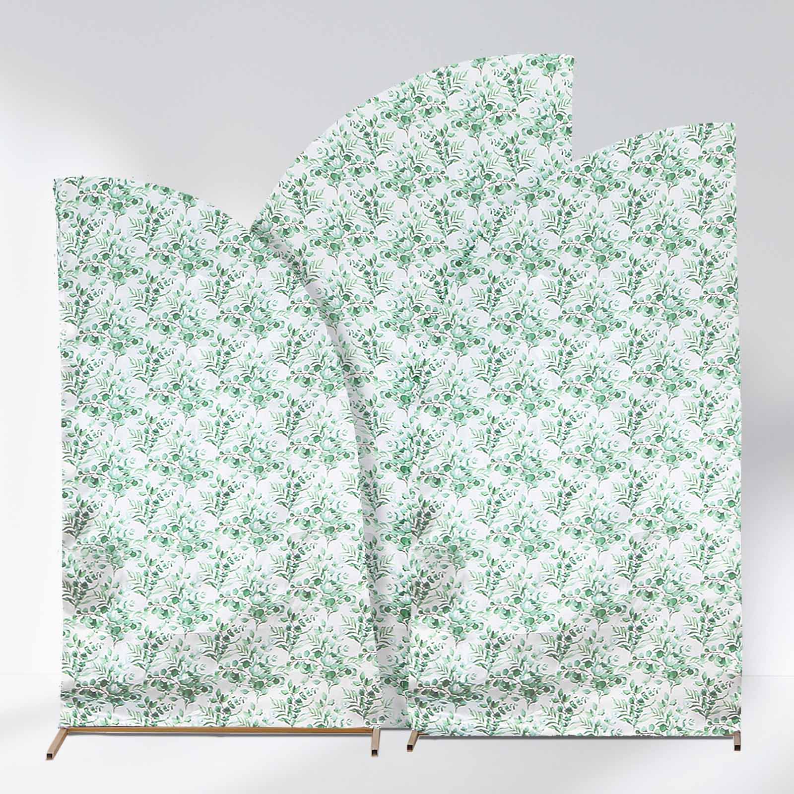 Set of 3 White Green Satin Chiara Wedding Arch Covers With Eucalyptus Leaves Print, Fitted Covers For Half Moon Backdrop Stands - 5ft, 6ft, 7ft - Bell Racket Store