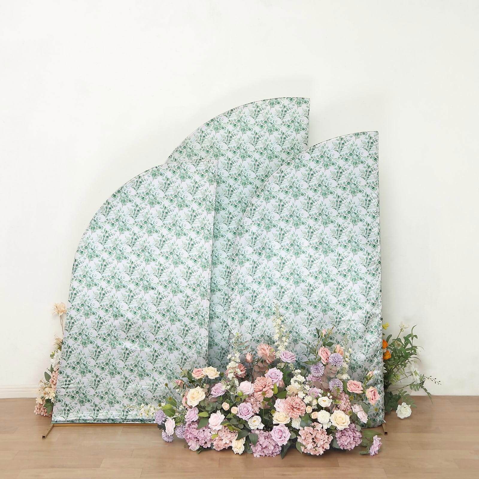 Set of 3 White Green Satin Chiara Wedding Arch Covers With Eucalyptus Leaves Print, Fitted Covers For Half Moon Backdrop Stands - 5ft, 6ft, 7ft - Bell Racket Store