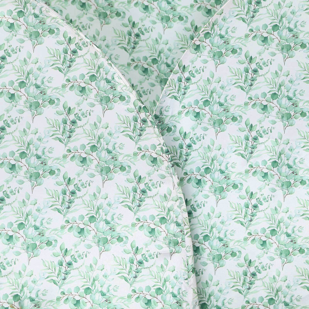 Set of 3 White Green Satin Chiara Wedding Arch Covers With Eucalyptus Leaves Print, Fitted Covers For Half Moon Backdrop Stands - 5ft, 6ft, 7ft - Bell Racket Store