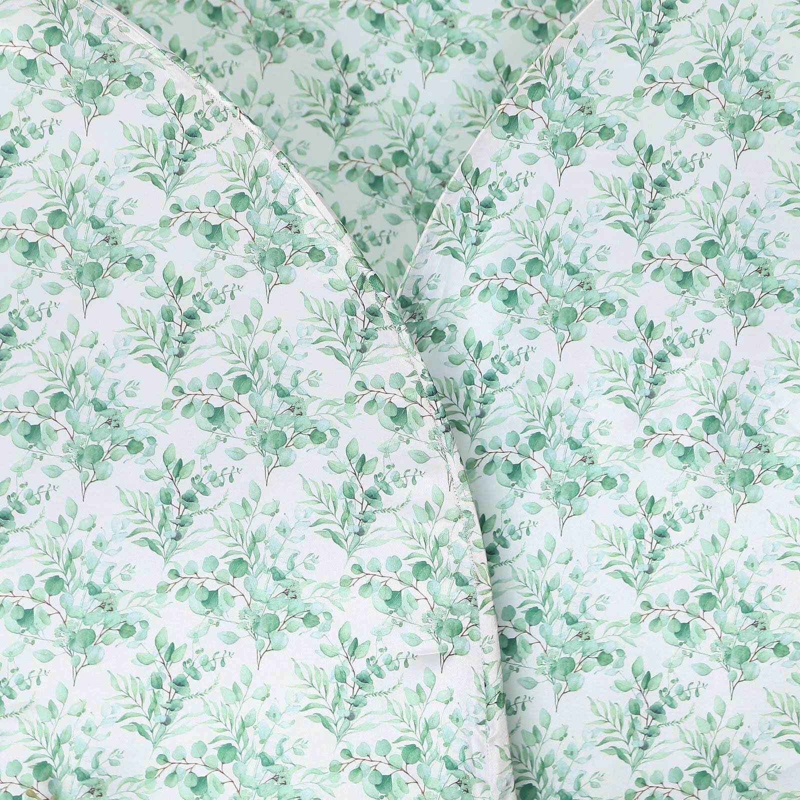 Set of 3 White Green Satin Chiara Wedding Arch Covers With Eucalyptus Leaves Print, Fitted Covers For Half Moon Backdrop Stands - 5ft, 6ft, 7ft - Bell Racket Store