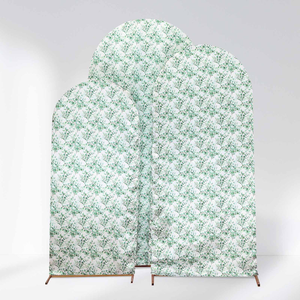 Set of 3 White Green Satin Chiara Wedding Arch Covers With Eucalyptus Leaves Print, Fitted Covers For Round Top Backdrop Stands - 5ft,6ft,7ft - Bell Racket Store