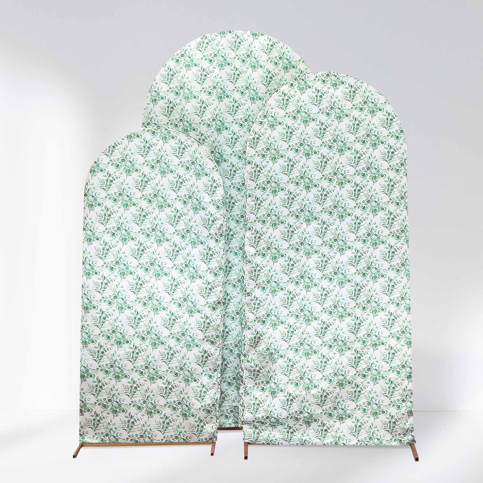 Set of 3 White Green Satin Chiara Wedding Arch Covers With Eucalyptus Leaves Print, Fitted Covers For Round Top Backdrop Stands - 5ft,6ft,7ft - Bell Racket Store