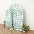 Set of 3 White Green Satin Chiara Wedding Arch Covers With Eucalyptus Leaves Print, Fitted Covers For Round Top Backdrop Stands - 5ft,6ft,7ft - Bell Racket Store