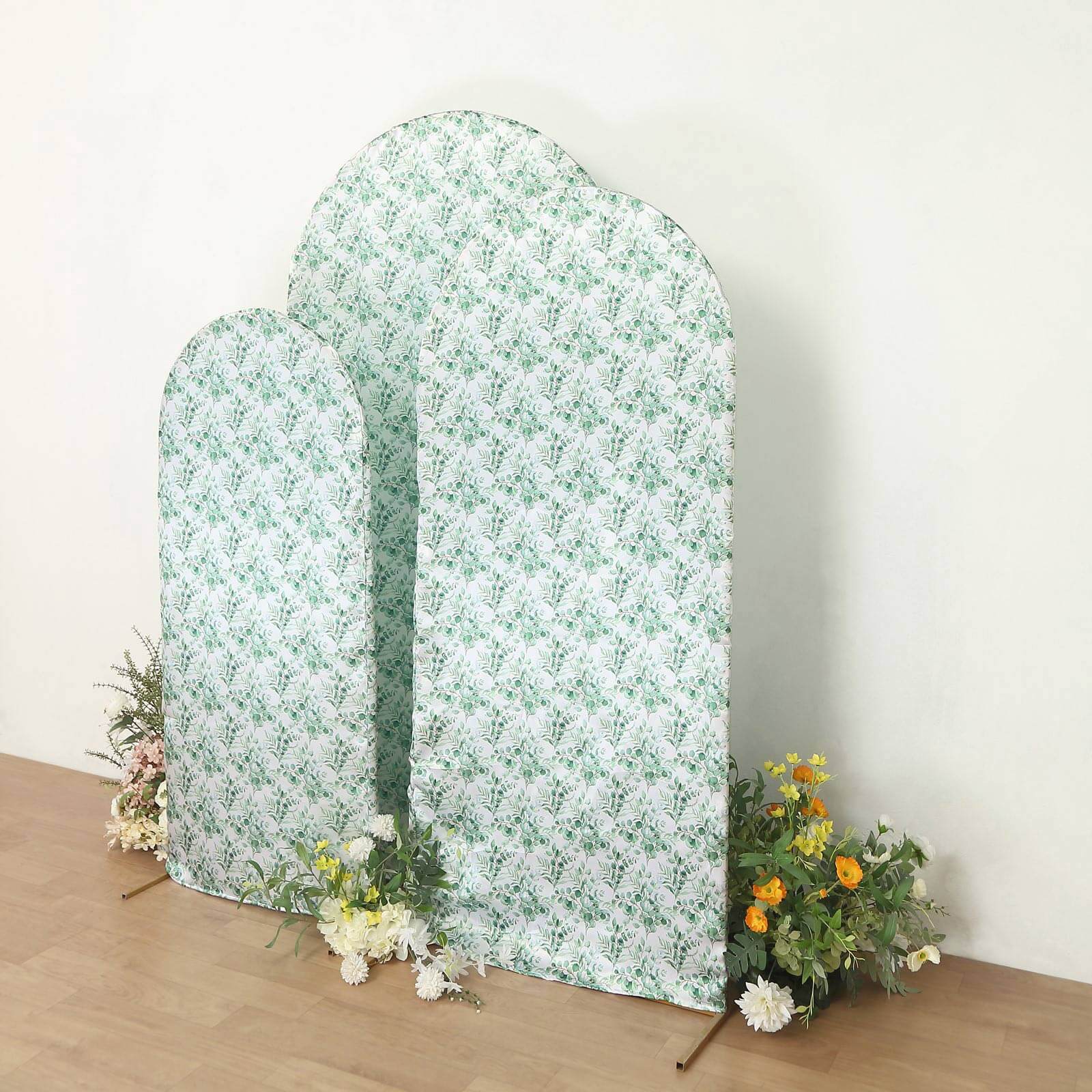 Set of 3 White Green Satin Chiara Wedding Arch Covers With Eucalyptus Leaves Print, Fitted Covers For Round Top Backdrop Stands - 5ft,6ft,7ft - Bell Racket Store