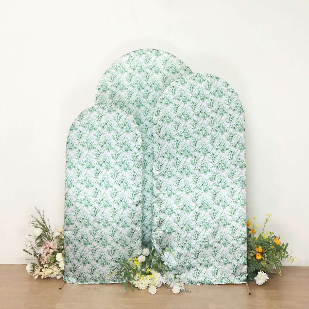 Set of 3 White Green Satin Chiara Wedding Arch Covers With Eucalyptus Leaves Print, Fitted Covers For Round Top Backdrop Stands - 5ft,6ft,7ft - Bell Racket Store
