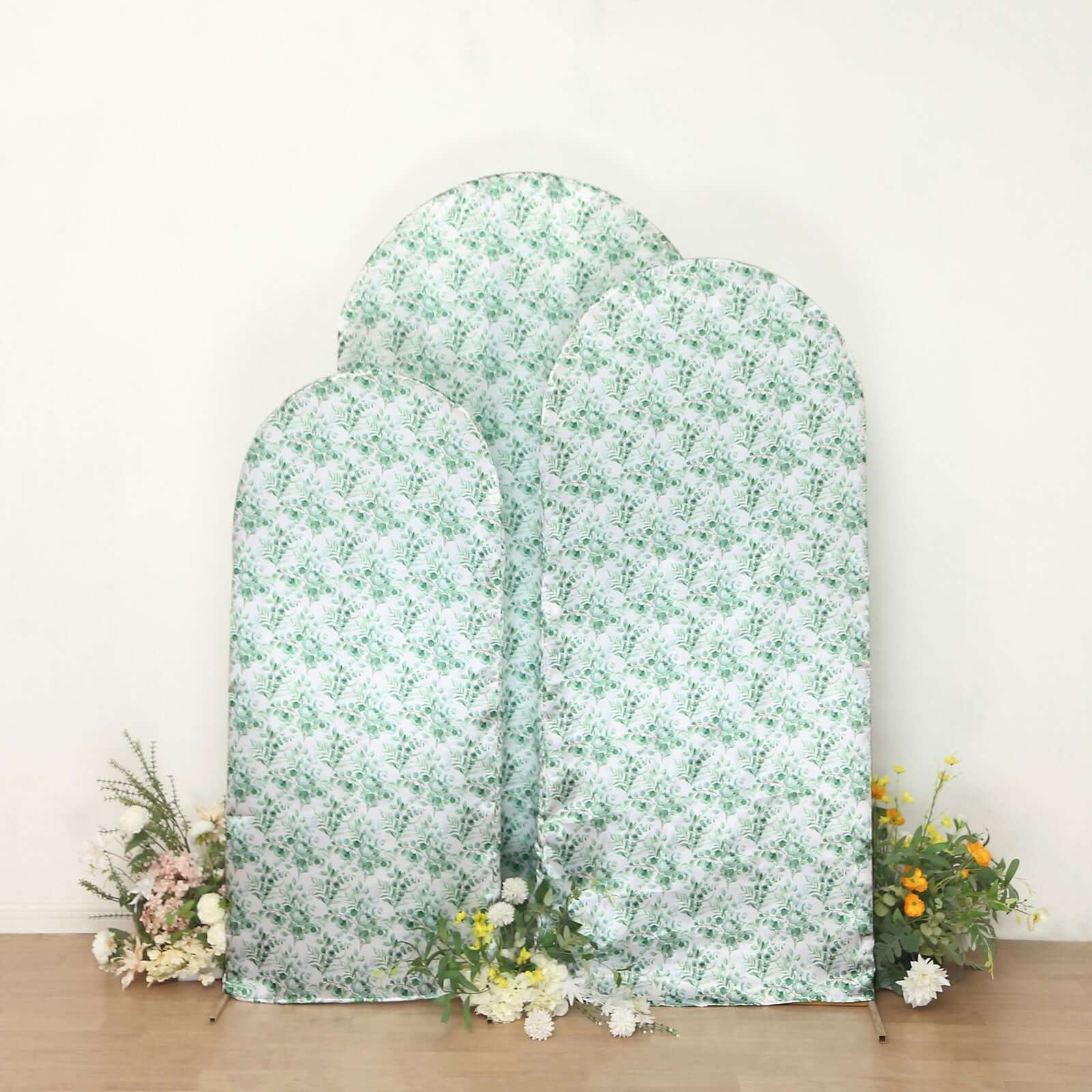 Set of 3 White Green Satin Chiara Wedding Arch Covers With Eucalyptus Leaves Print, Fitted Covers For Round Top Backdrop Stands - 5ft,6ft,7ft - Bell Racket Store