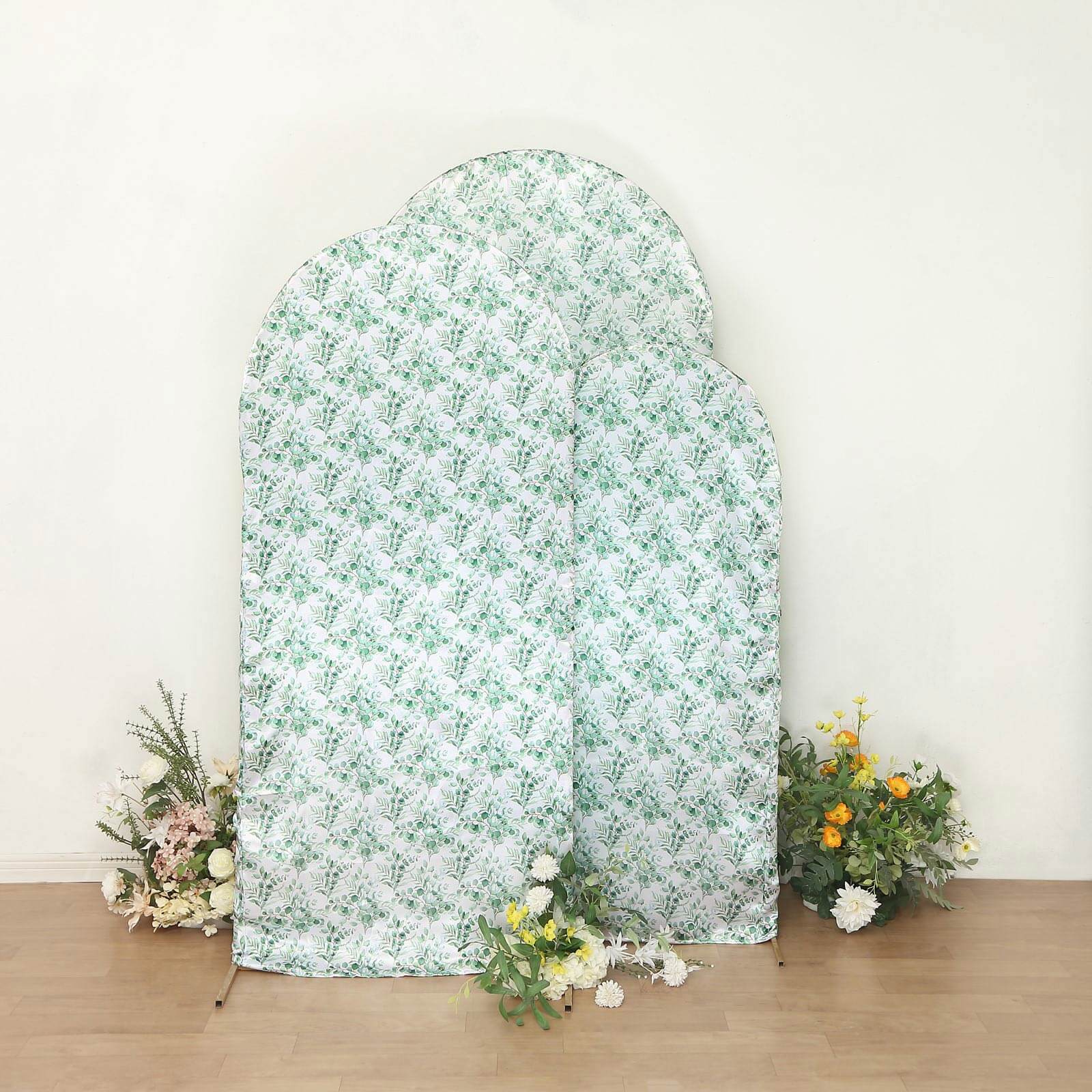 Set of 3 White Green Satin Chiara Wedding Arch Covers With Eucalyptus Leaves Print, Fitted Covers For Round Top Backdrop Stands - 5ft,6ft,7ft - Bell Racket Store