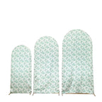 Set of 3 White Green Satin Chiara Wedding Arch Covers With Eucalyptus Leaves Print, Fitted Covers For Round Top Backdrop Stands - 5ft,6ft,7ft - Bell Racket Store