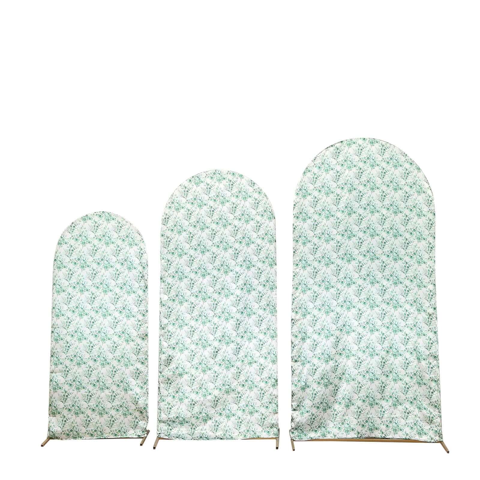 Set of 3 White Green Satin Chiara Wedding Arch Covers With Eucalyptus Leaves Print, Fitted Covers For Round Top Backdrop Stands - 5ft,6ft,7ft - Bell Racket Store